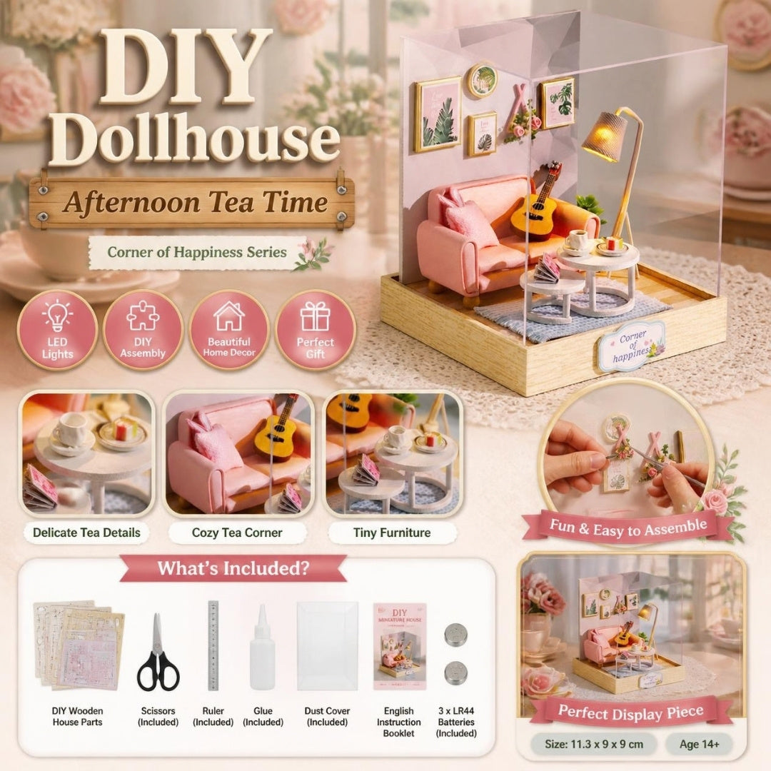 DIY Dollhouse Afternoon Tea Time miniature kit - what's included and features