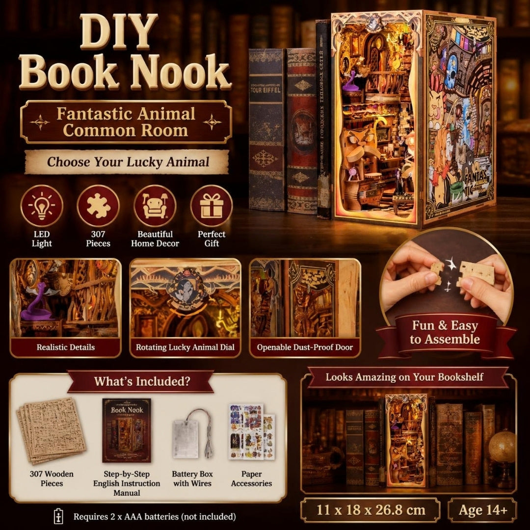 DIY Book Nook Fantastic Animal Common Room kit - what's included and features