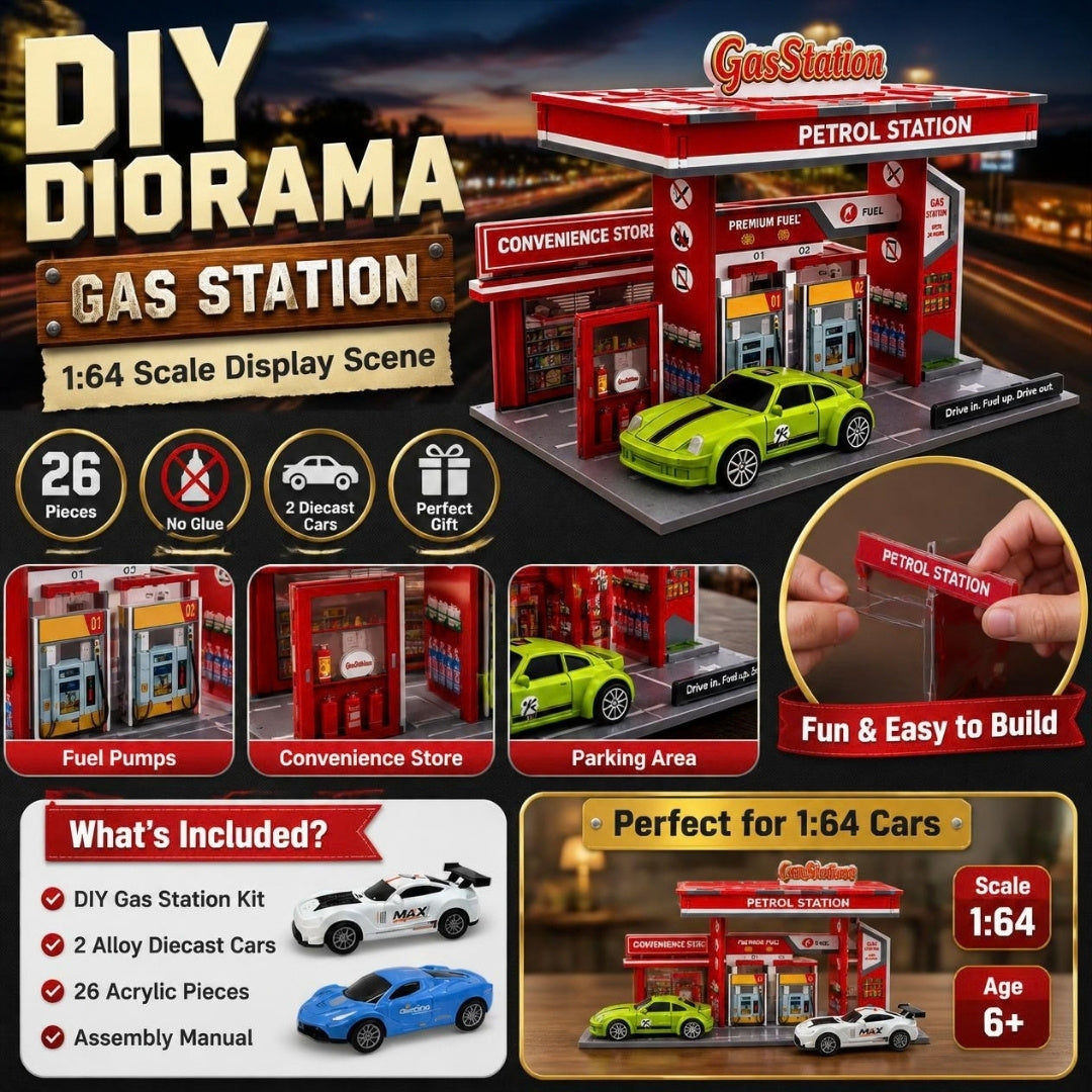 DIY Gas Station diorama with 2 diecast cars - what's included