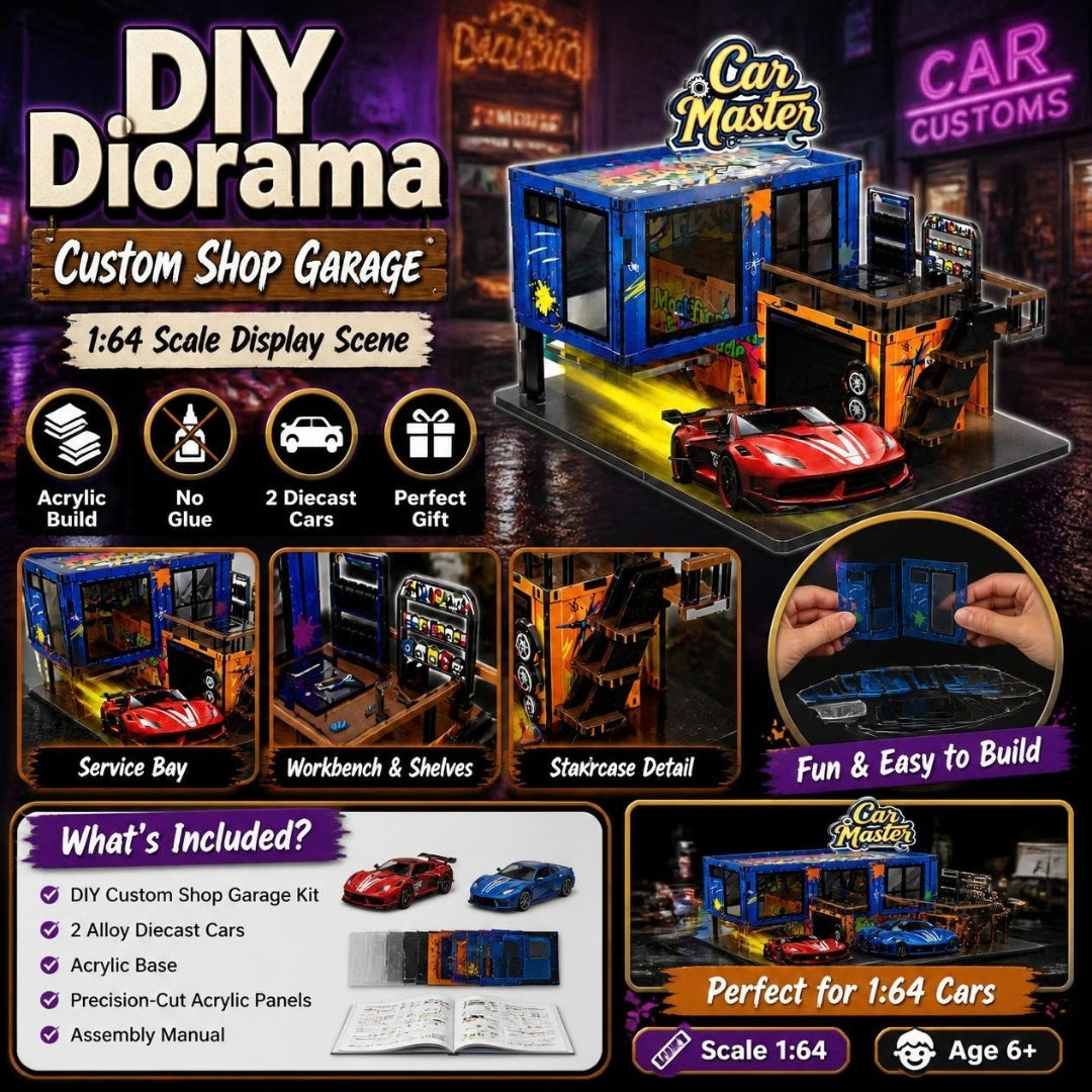 Imported DIY Custom Shop Garage Diorama with 2 Diecast Cars | 1:64 Sca