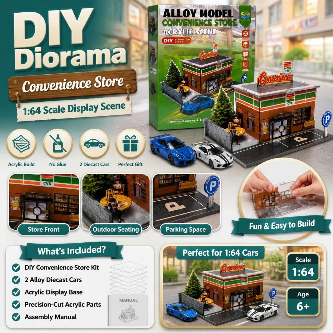 DIY Convenience Store diorama with 2 diecast cars - what's included