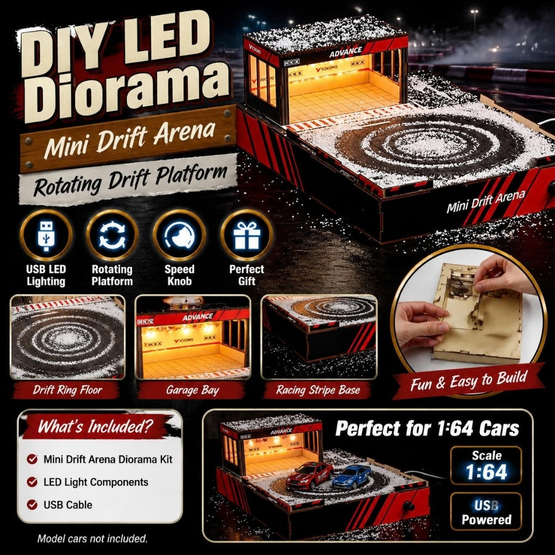 Mini Drift Arena LED garage diorama with rotating drift platform - features