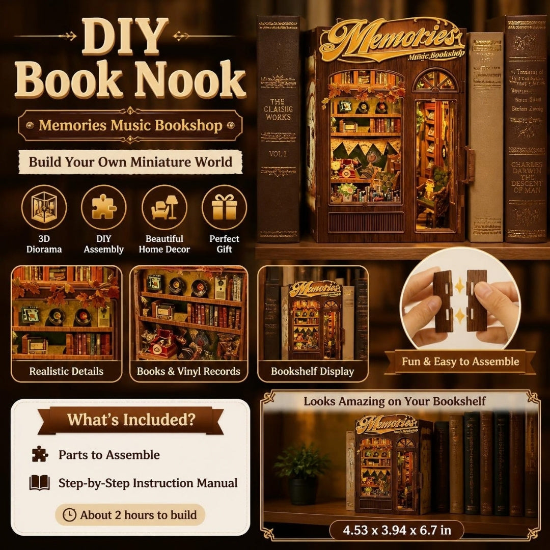 DIY Book Nook Memories Music Bookshop miniature kit - what's included and size