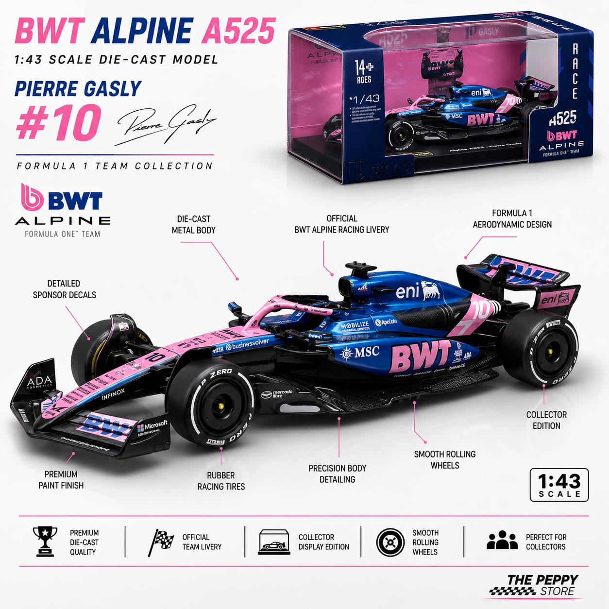 Official Bburago 2025 Alpine A525 10 Pierre Gasly Monaco GP - Scale 1 : 43 Diecast Scale Model