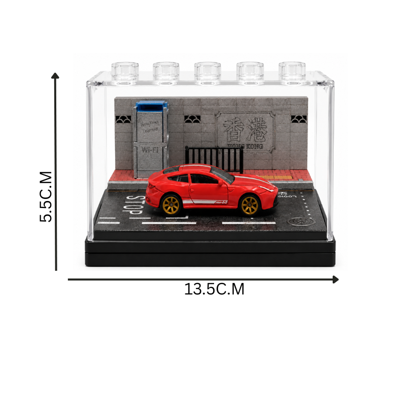Red Sports Car Miniature 1:64 Diorama Display – Premium City Street Scene with Acrylic Case