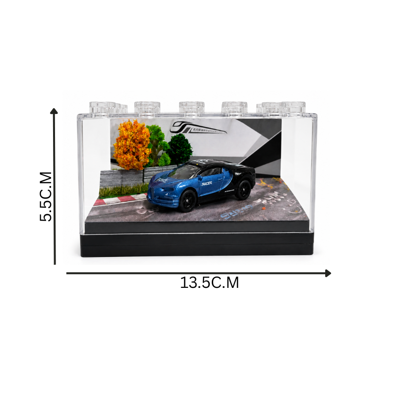 Blue Sports Car Miniature 1:64 Diorama Display – Premium Trackside Scene with Acrylic Case