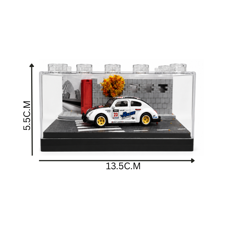 White Racing Car Miniature 1:64 Diorama Display – Premium Urban Street Scene with Acrylic Case