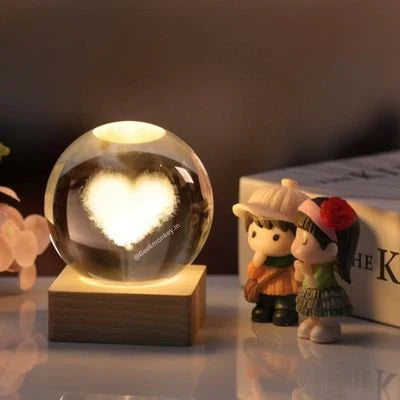 3D Crystal Love Heart Warm Led with Wood Base