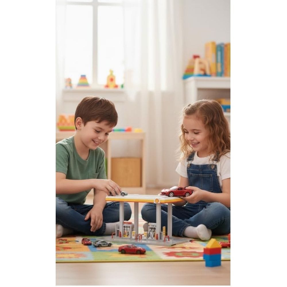 CCA Shell Gas Station Model with 1:64 Porsche Car - Licensed Diecast Display Assembly Playset And Collectible Toy