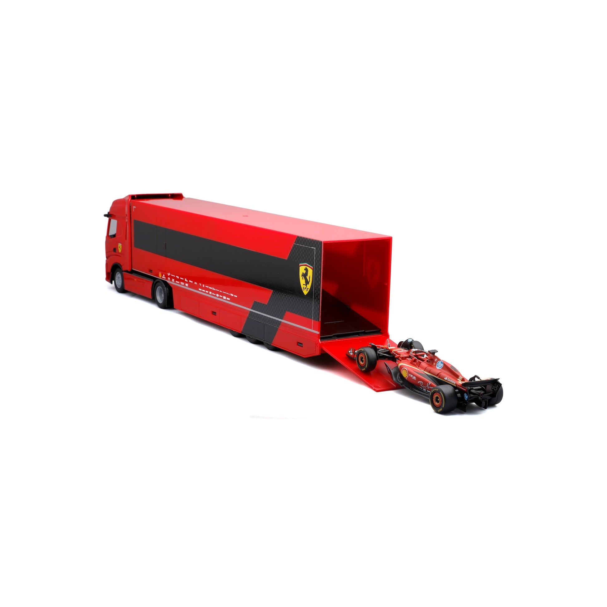 Bburago Ferrari SF-24 Charles Leclerc Racing Hauler Truck with Formula 1 Car 1:64 Diecast Model Car