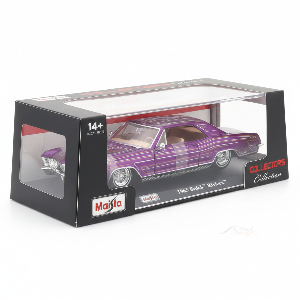 1965 Buick Riviera Custom Purple Lowrider 1:24 Scale Die-Cast Model Car with Acrylic Case