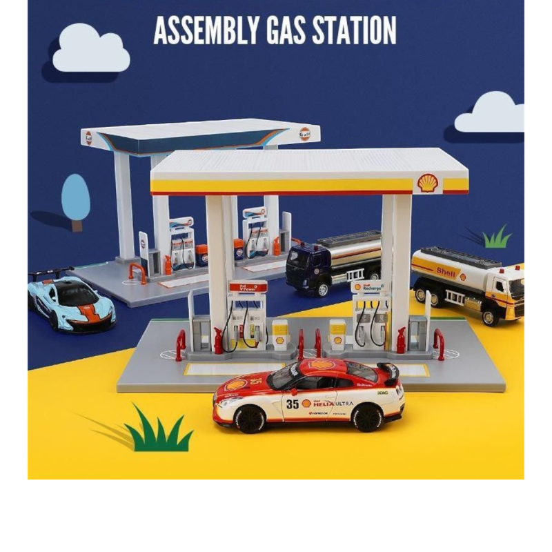 CCA Shell Gas Station Assembly Playset with Nissan GT-R & Shell Oil Tanker|Diorama