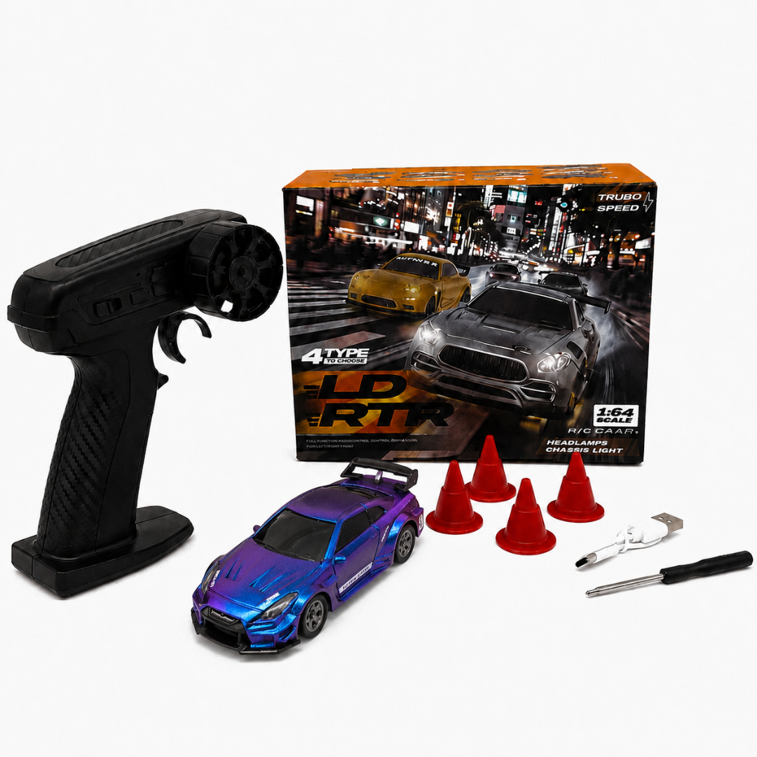 1:64 Scale Remote Control Racing Car with LED Headlights & Chassis Lights, High-Speed RC Sports Car with Remote Controller, Rechargeable Mini Toy Car with Racing Cones for Kids & Adults