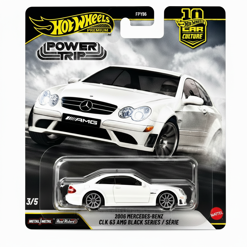 Hot Wheels Imported Premium Power Trip 2006 Mercedes-Benz CLK 63 AMG Black Series 1:64 Scale Die-Cast Car