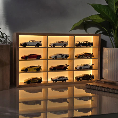 Wooden LED Hot Wheels Diecast Organizers With Light With Acrylic Dust Covers -  Fits 12 Cars ( No cars Included )