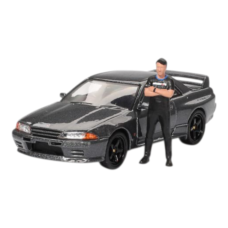 Mini GT Imported Nissan Skyline GT-R (R32) Gun Metal with Figurine | Premium Die-Cast Model Car
