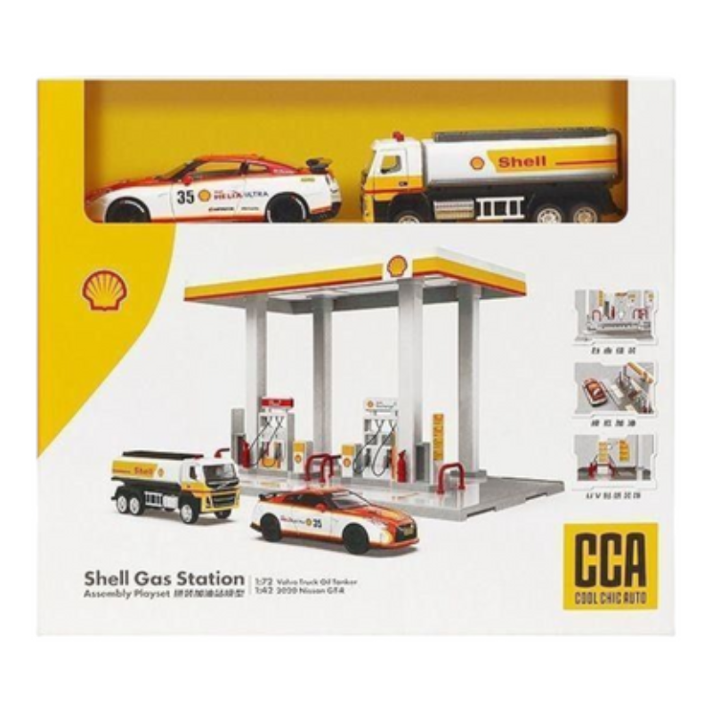 CCA Shell Gas Station Assembly Playset with Nissan GT-R & Shell Oil Tanker|Diorama