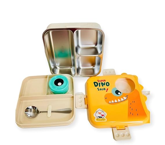Dinosaur 5 Compartments Stainless Steel Lunch Box with Spoon and Salad Cup