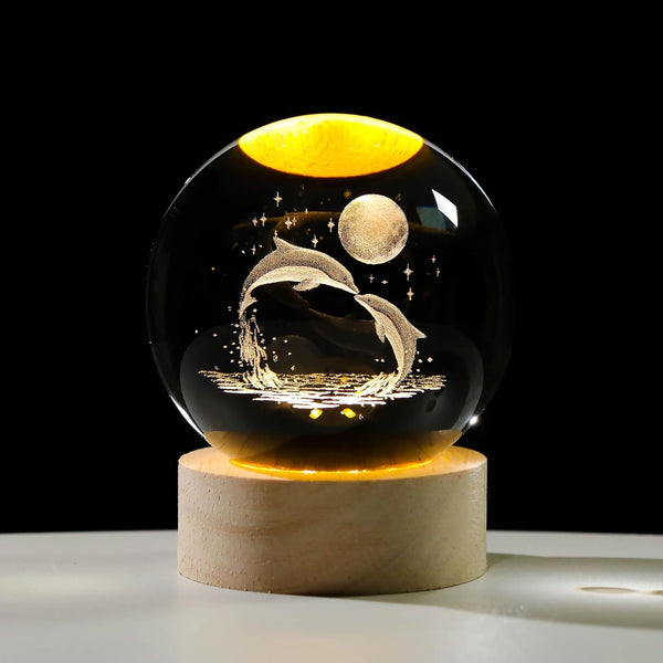 3D Crystal Moon Dolphin With Warm Led with Wood Base