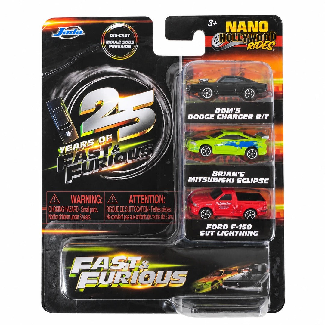 Jada Toys Fast & Furious 25th Anniversary 3-Piece Nano Hollywood Rides Diecast Car Set – Creased Card