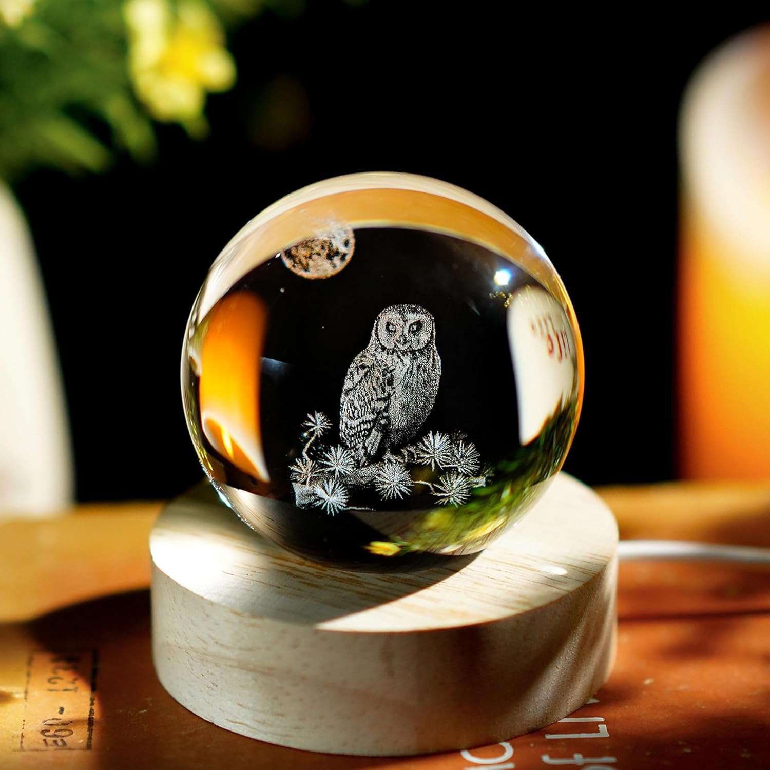 Hedwig Owl Lamp 3D Crystal Warm Led with Wood Base