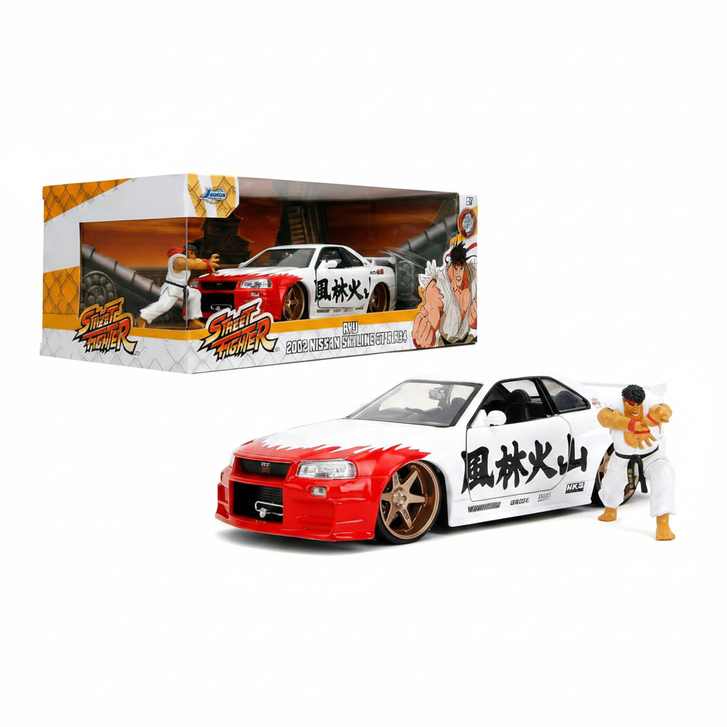 Jada Street Fighter Ryu 2002 Nissan Skyline GT-R (R34) 1:24 Diecast Model Car with Ryu Figure