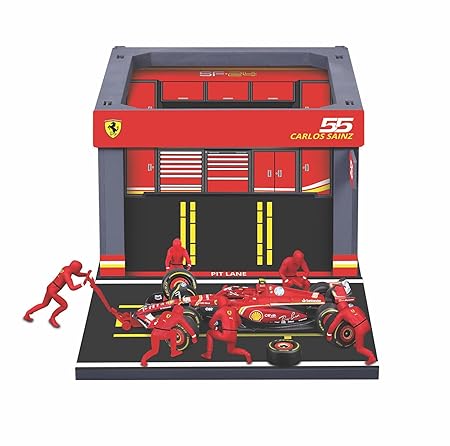 Bburago Garage Kit Pit Stop Ferrari with SF-24 #55 Carlos Sainz Diecast Model Set – 1:43 Scale