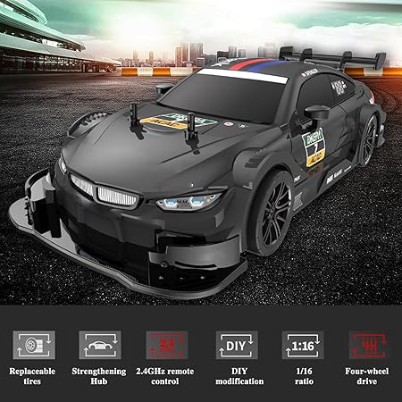 Whoosh DC Future Mega 9 Collection Super-Drift 1:16 Scale 2.4Ghz 4WD High Speed RTR Racing Car 30KM/H with Led Lights, Remote Control , Batteries and Drift Tire - Black