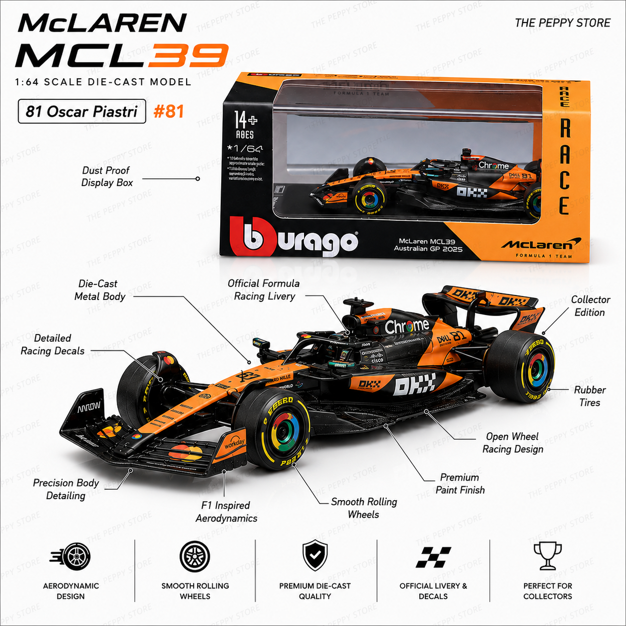 Official Bburago 2025 McLaren MCL39 Australia GP 81 Oscar Piastri - Scale 1 : 64 Diecast Scale Model