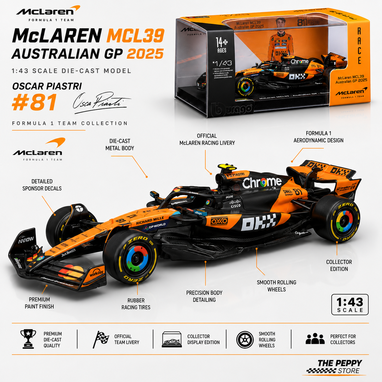 Official Bburago 2025 McLaren MCL39 GP 81 Oscar Piastri Australia GP - Scale 1 : 43 Diecast Scale Model