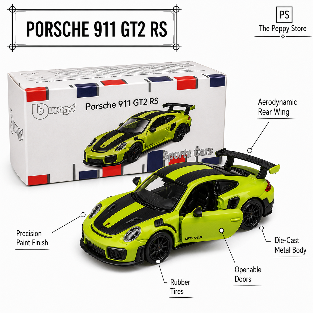 Official Bburago Porsche 911 GT2 RS Green - 1 : 64 Diecast Scale Model