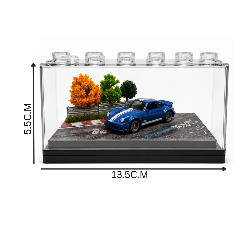 Blue Sports Car Miniature 1:64 Diorama Display – Premium Roadside Scene with Acrylic Case