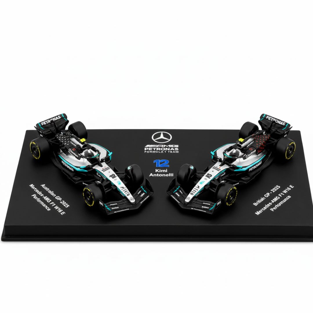 Bburago 2025 Mercedes-AMG Petronas F1 W16 E Kimi Antonelli Twin Pack Die-Cast Model Cars – Formula 1 1:64 Scale #12 (Preorder Ships 1st week of September)