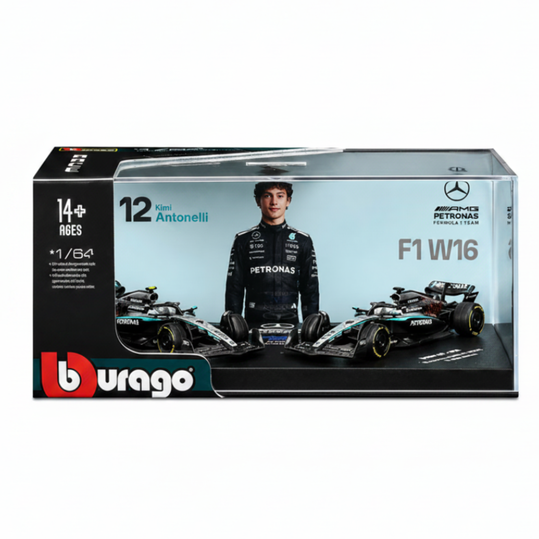 Bburago 2025 Mercedes-AMG Petronas F1 W16 E Kimi Antonelli Twin Pack Die-Cast Model Cars – Formula 1 1:64 Scale #12 (Preorder Ships 1st week of September)