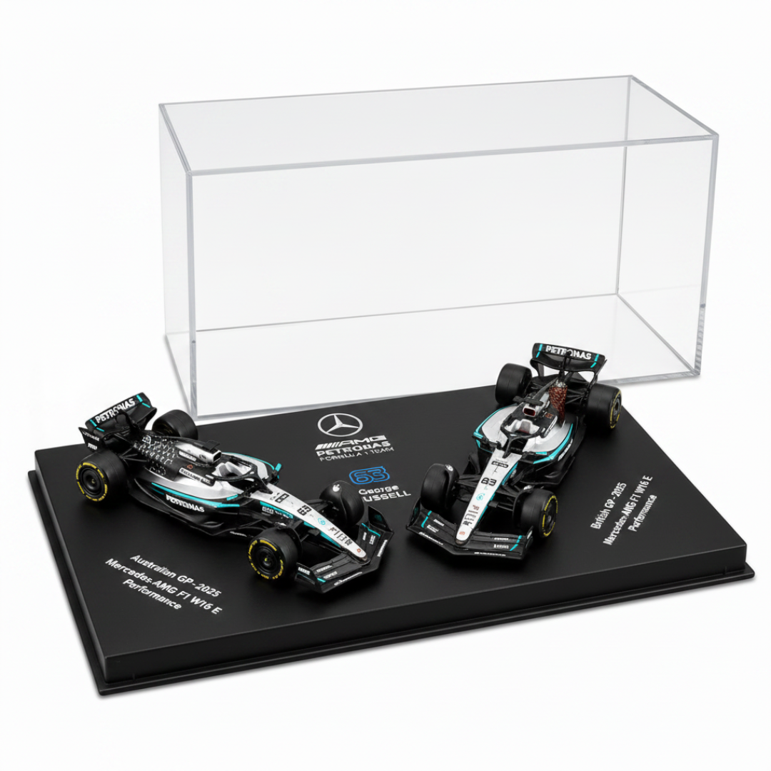 Bburago 2025 Mercedes-AMG Petronas F1 W16 George Russell Twin Pack Die-Cast Model Cars – Formula 1 1:64 Scale #63 (Preorder Ships 1st week of September)