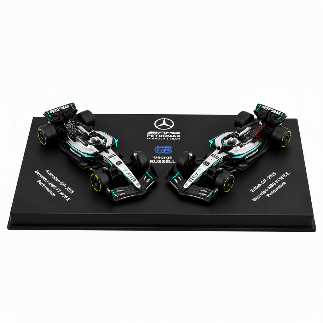 Bburago 2025 Mercedes-AMG Petronas F1 W16 George Russell Twin Pack Die-Cast Model Cars – Formula 1 1:64 Scale #63 (Preorder Ships 1st week of September)