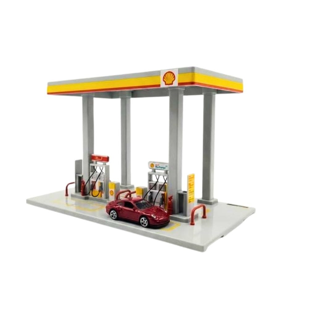 CCA Shell Gas Station Model with 1:64 Porsche Car - Licensed Diecast Display Assembly Playset And Collectible Toy