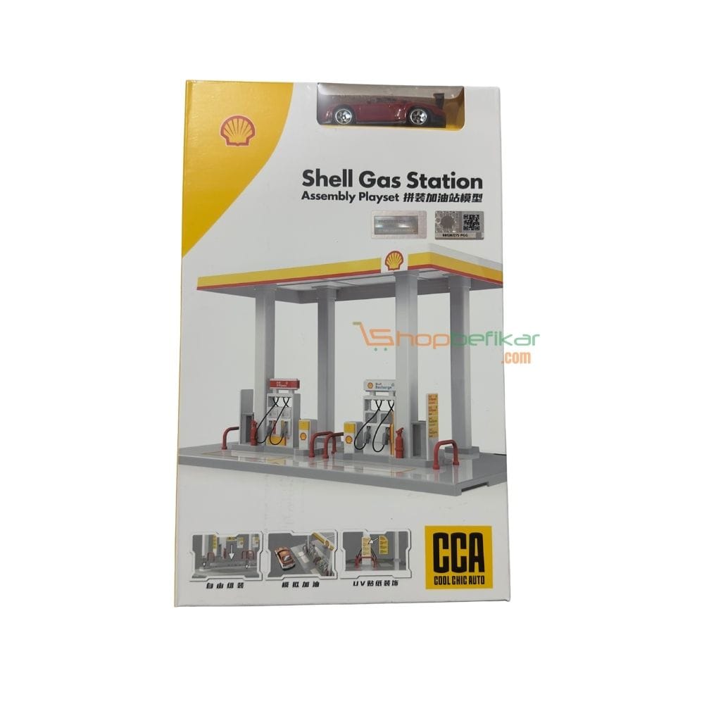 CCA Shell Gas Station Model with 1:64 Porsche Car - Licensed Diecast Display Assembly Playset And Collectible Toy