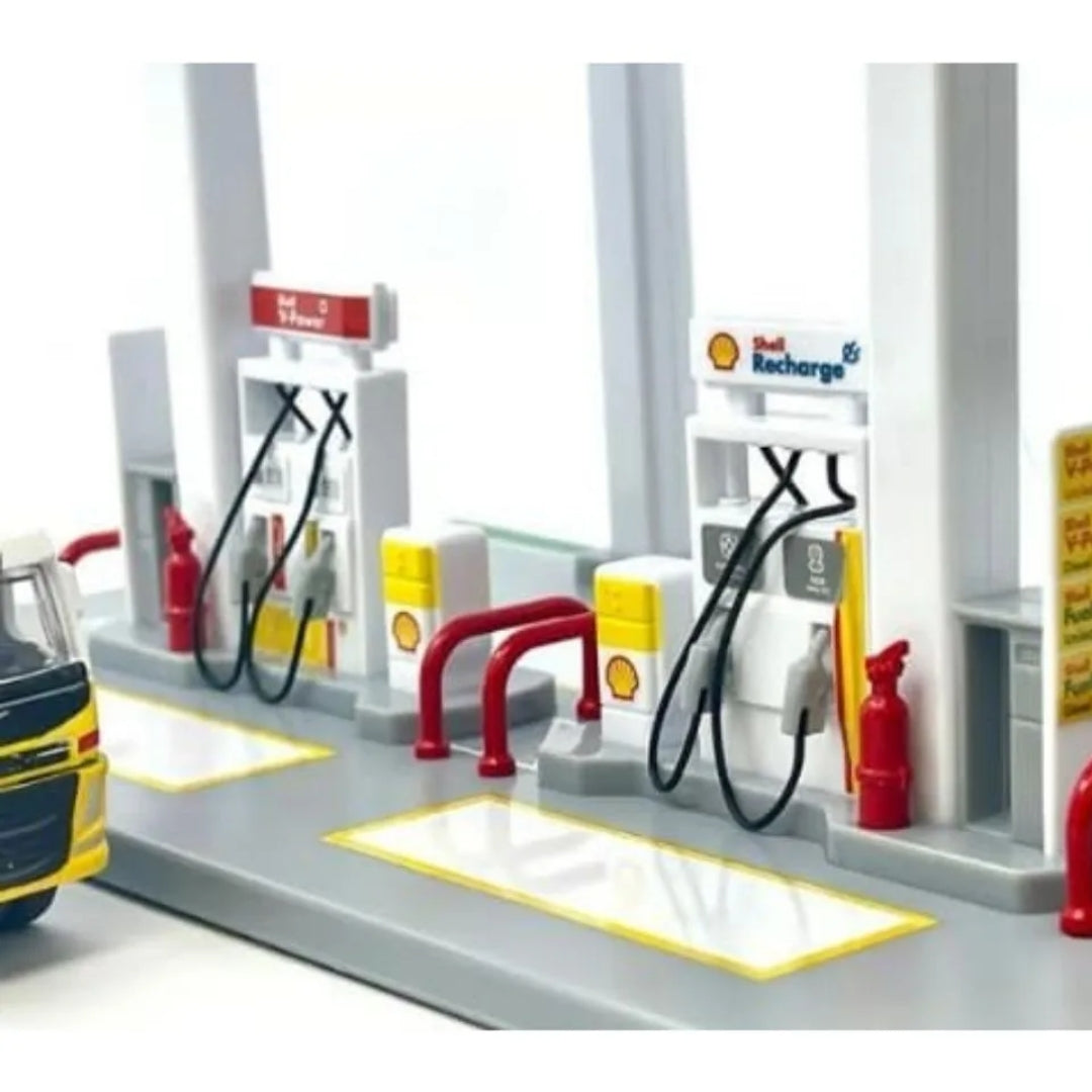 CCA Shell Gas Station Model with 1:64 Porsche Car - Licensed Diecast Display Assembly Playset And Collectible Toy