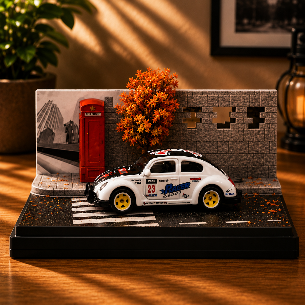 White Racing Car Miniature 1:64 Diorama Display – Premium Urban Street Scene with Acrylic Case