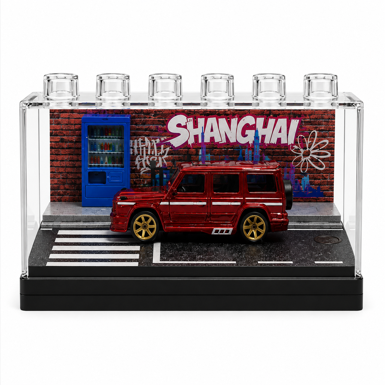 Red Luxury SUV Miniature 1:64 Diorama Display – Premium Street Art Scene with Acrylic Case