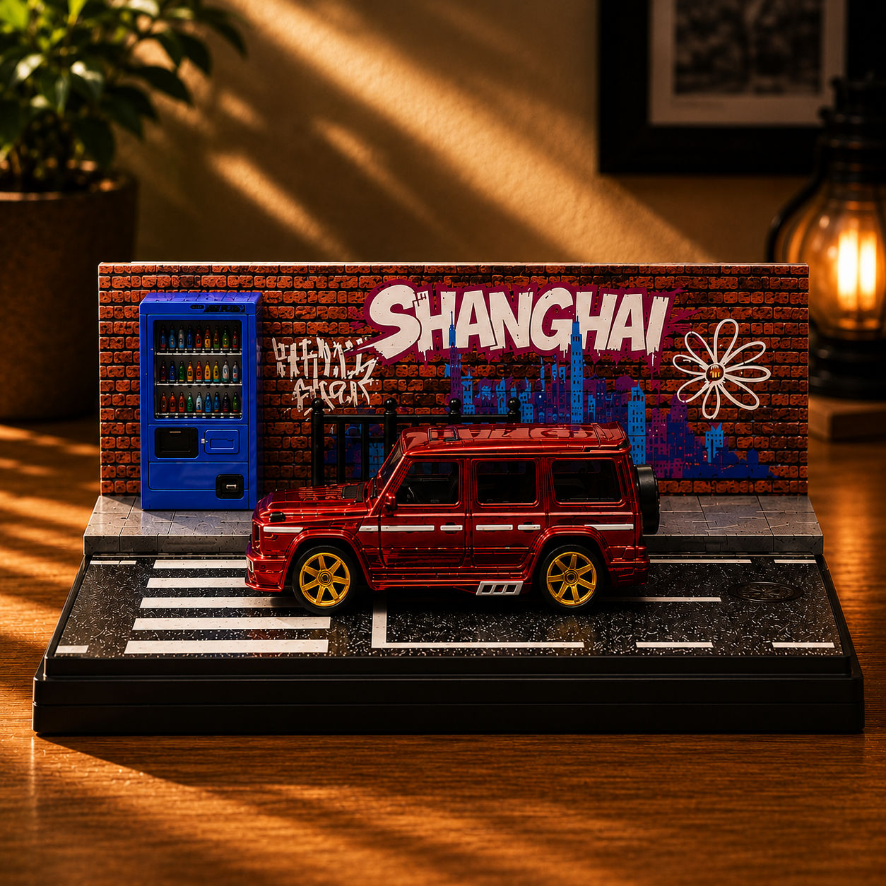 Red Luxury SUV Miniature 1:64 Diorama Display – Premium Street Art Scene with Acrylic Case