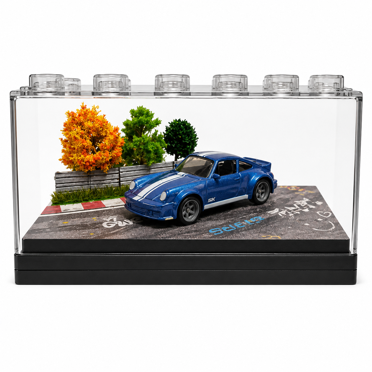 Blue Sports Car Miniature 1:64 Diorama Display – Premium Roadside Scene with Acrylic Case