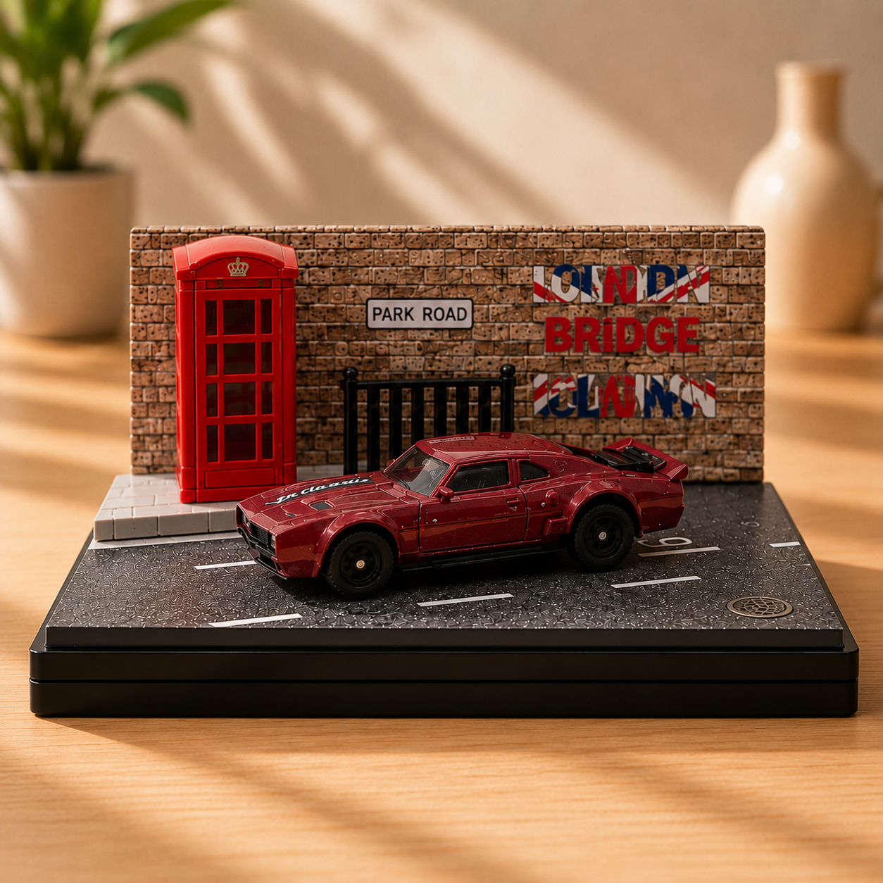 Red Muscle Car Miniature 1:64 Diorama Display – Premium Urban Street Scene with Acrylic Case |