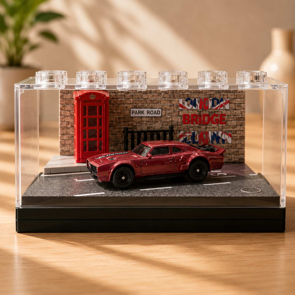 Red Muscle Car Miniature 1:64 Diorama Display – Premium Urban Street Scene with Acrylic Case |