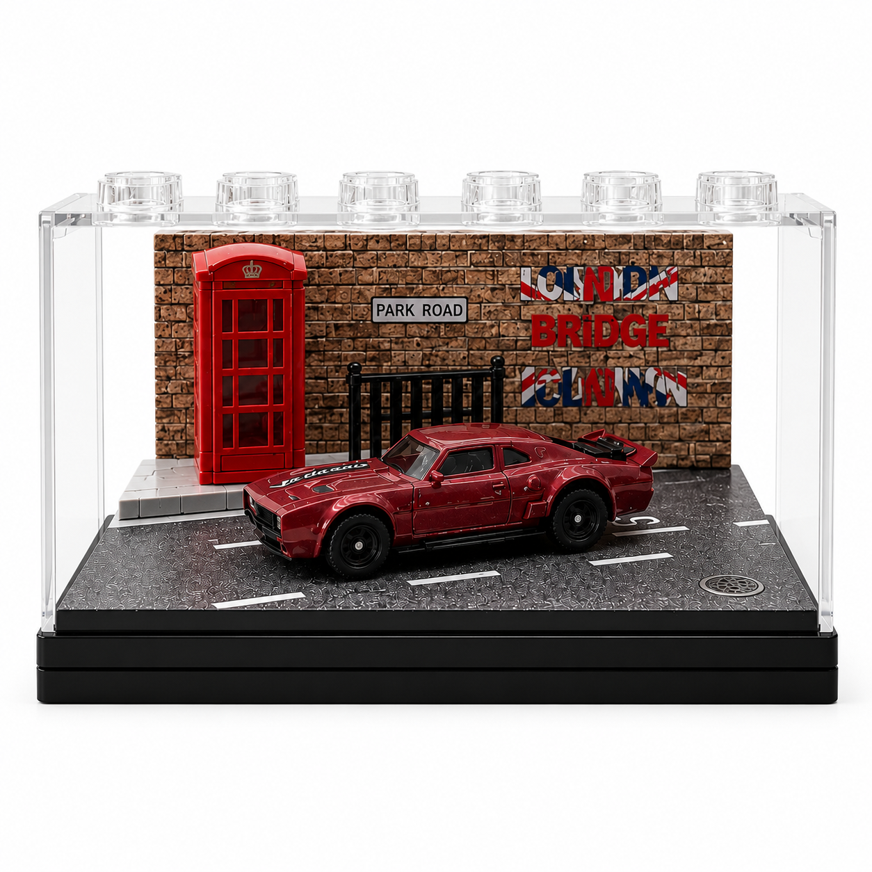 Red Muscle Car Miniature 1:64 Diorama Display – Premium Urban Street Scene with Acrylic Case |