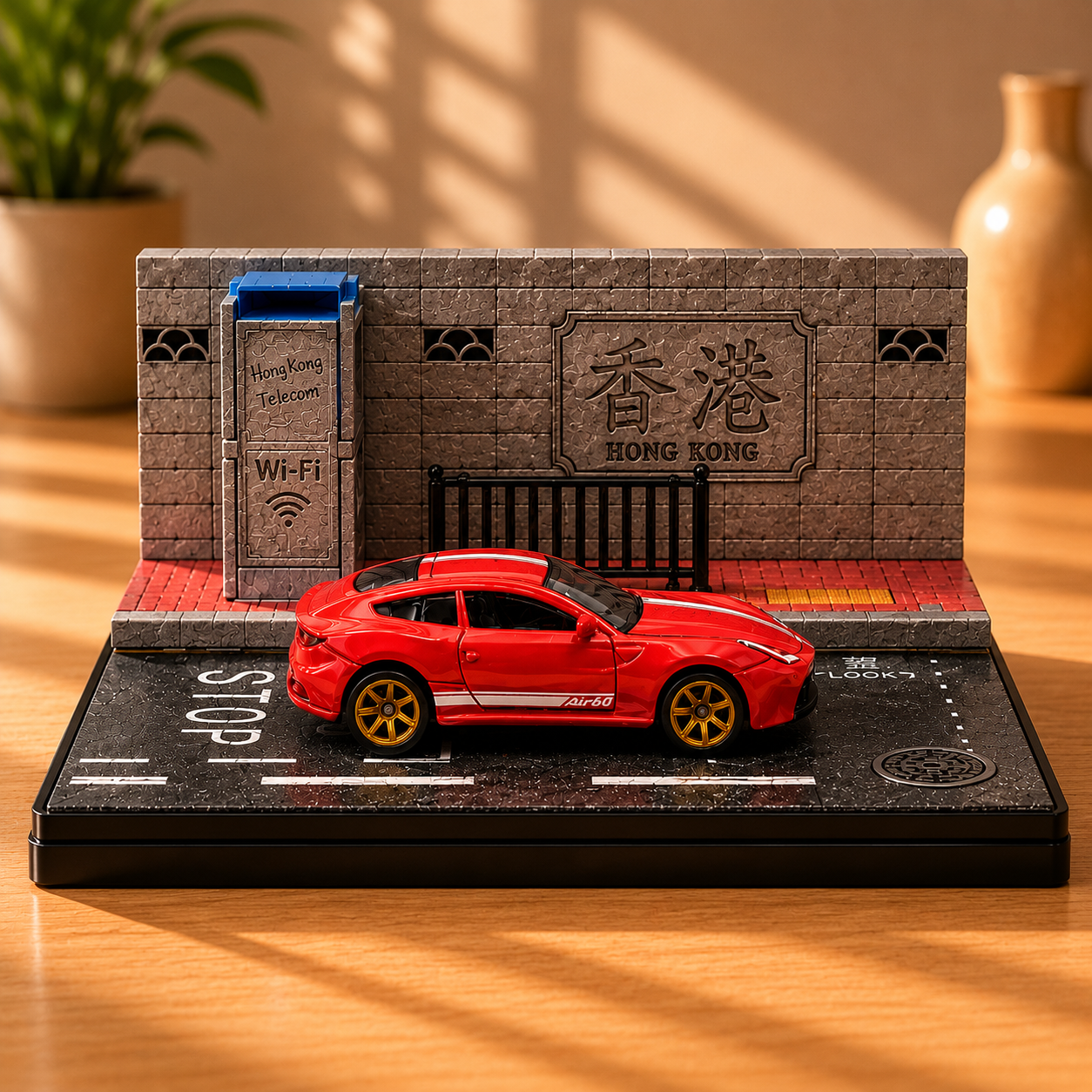 Red Sports Car Miniature 1:64 Diorama Display – Premium City Street Scene with Acrylic Case