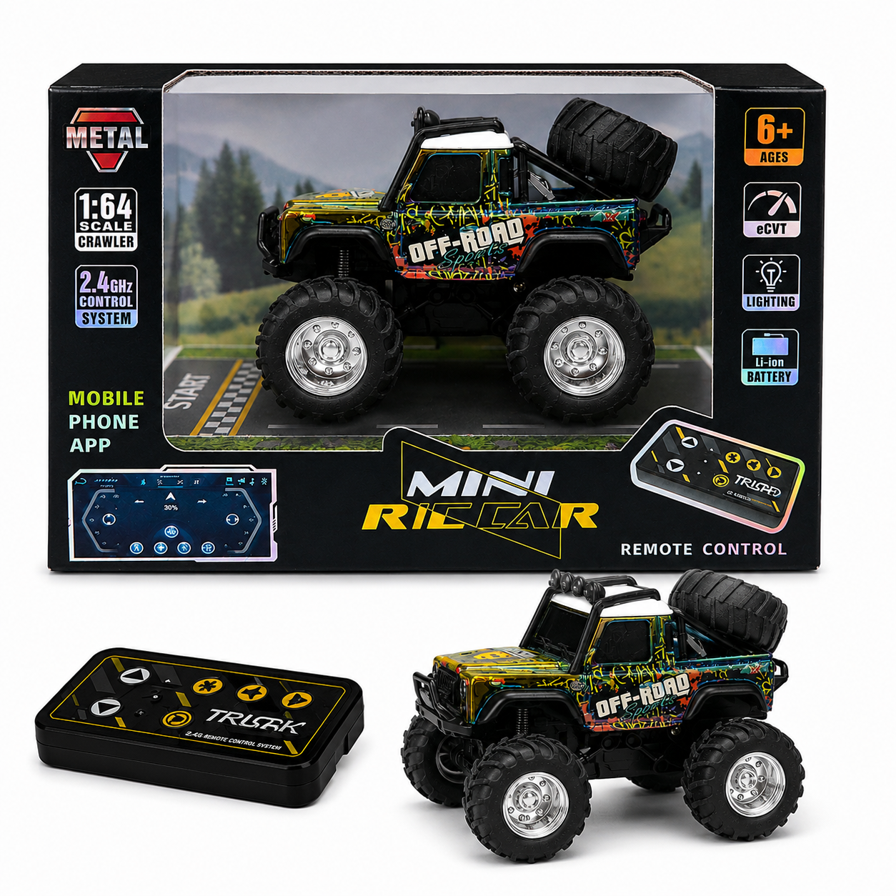 Trasped Mini Remote Control Monster Truck with LED Lights, 2.4GHz Remote & App Control (MultiColour))