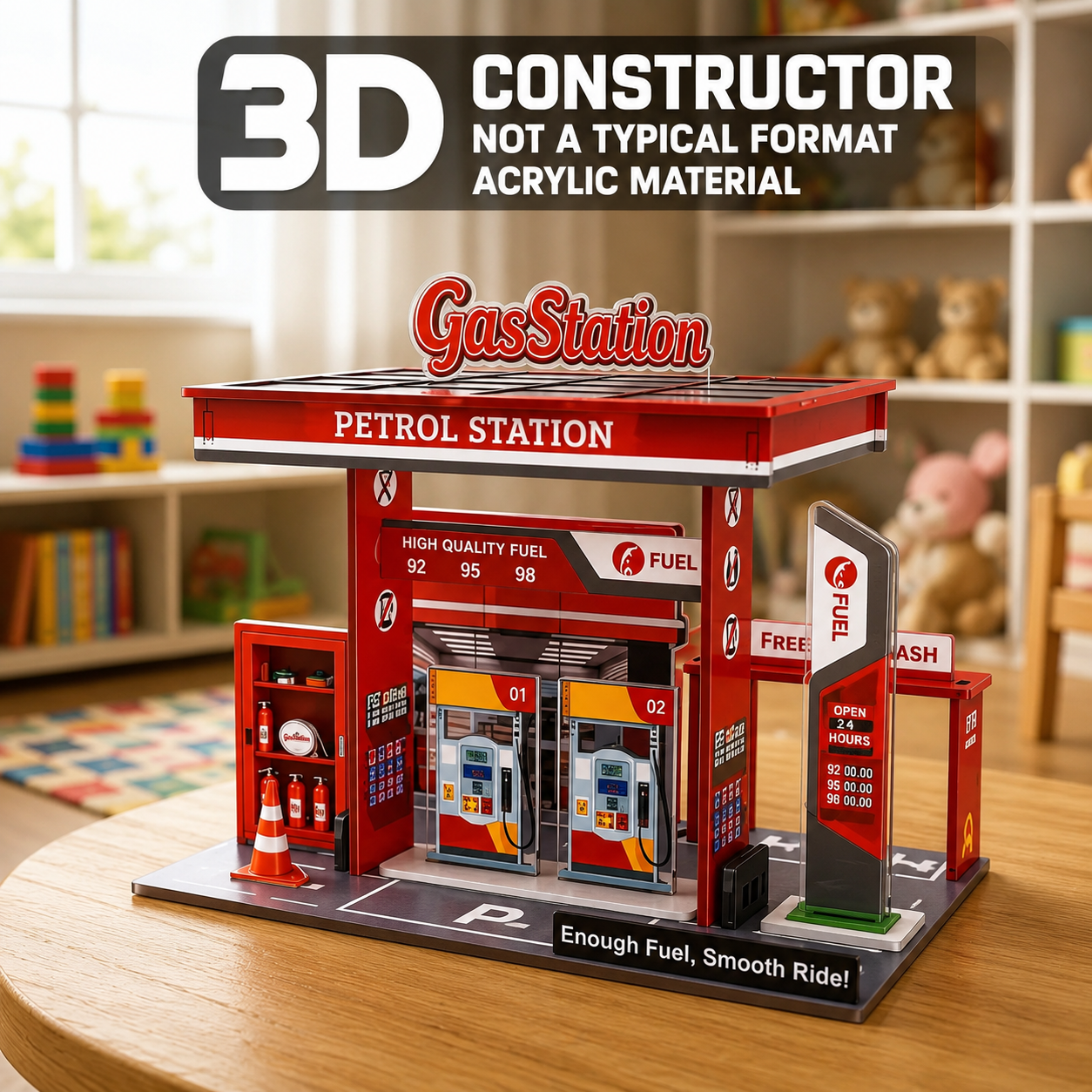 DIY Gas Station Diorama Playset with 2 Diecast Cars | 26-Piece Miniature Display Scene