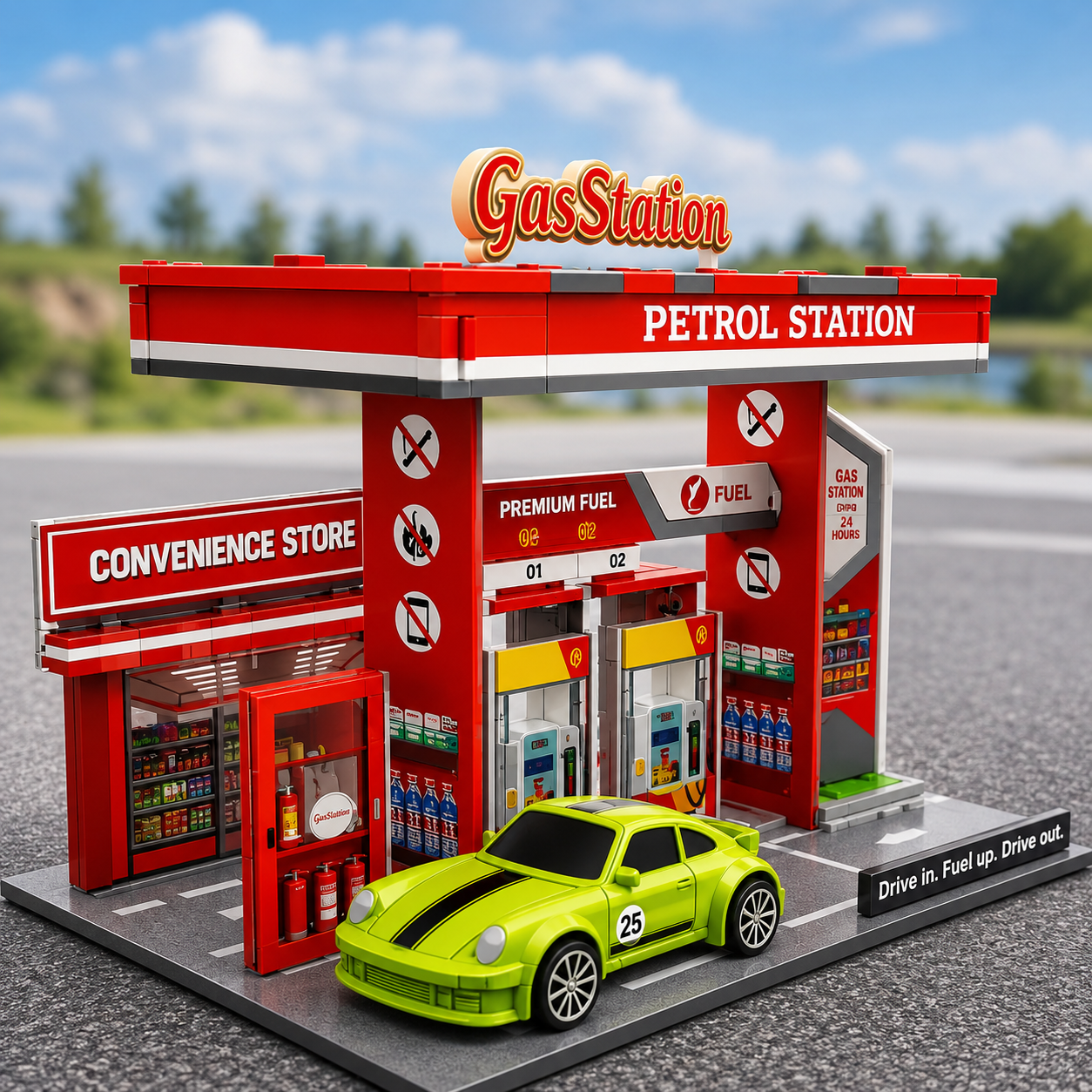 DIY Gas Station Diorama Playset with 2 Diecast Cars | 26-Piece Miniature Display Scene